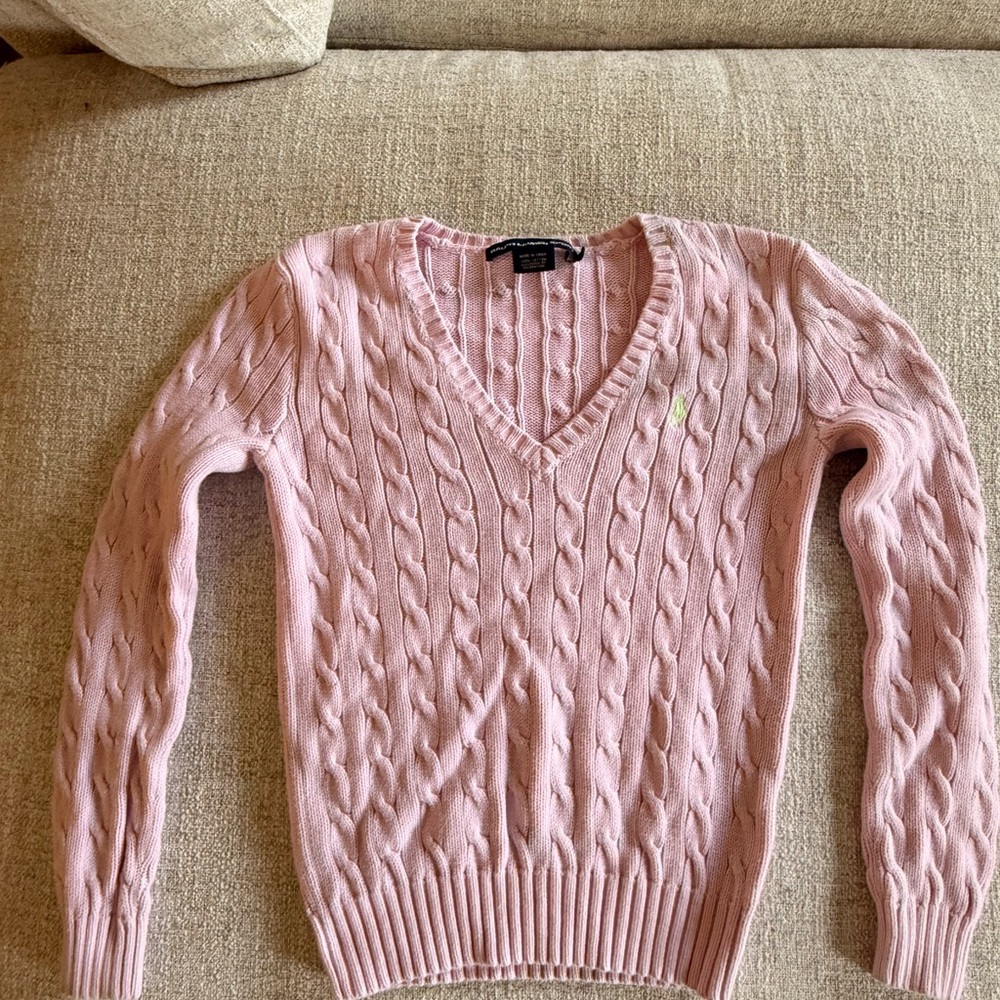 Pink Cable Knit V-Neck Sweater